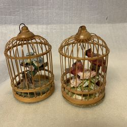 Pairs Of Vintage Chinese Bamboo Bird Cages With Resin Birds Ornament 4" Miniature