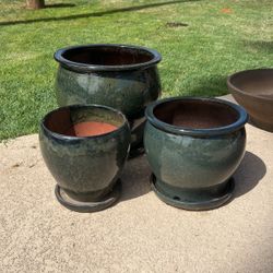 Three Green Glazed Terra Cotta Flower Pots