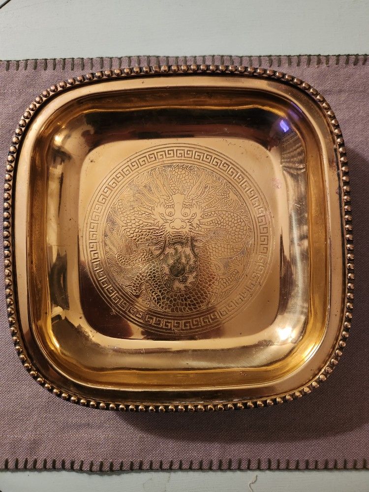 Brass Bowl Ashtray Incense Burner Etched Monster
God 4-Footed Beaded Rim Made in Hong Kong 2" Tall
x 9.25 Square