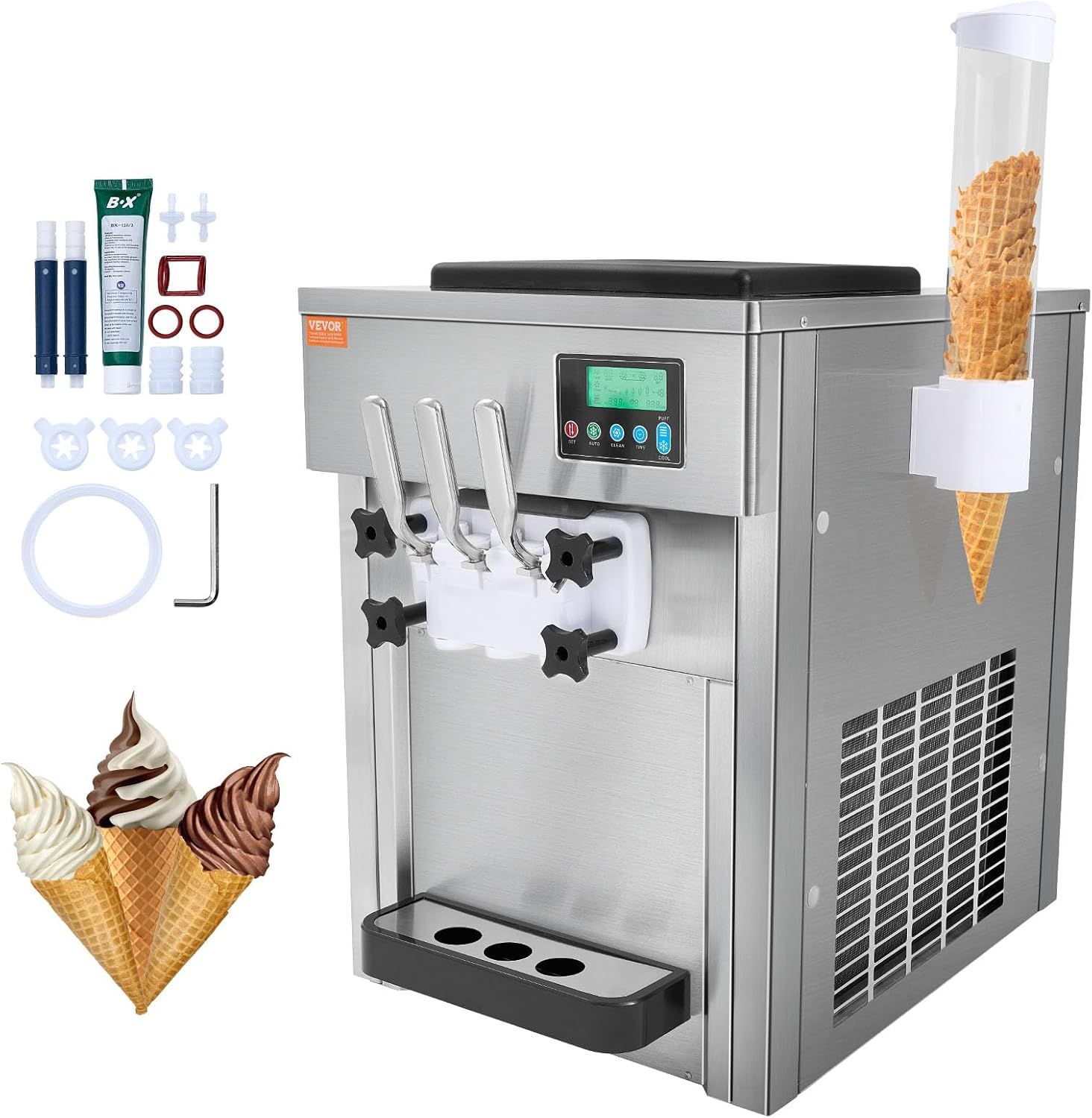 VEVOR Commercial Ice Cream Machine, 21 QT/H Yield, 1800W 3-Flavor Countertop Soft Serve Ice Cream Maker,