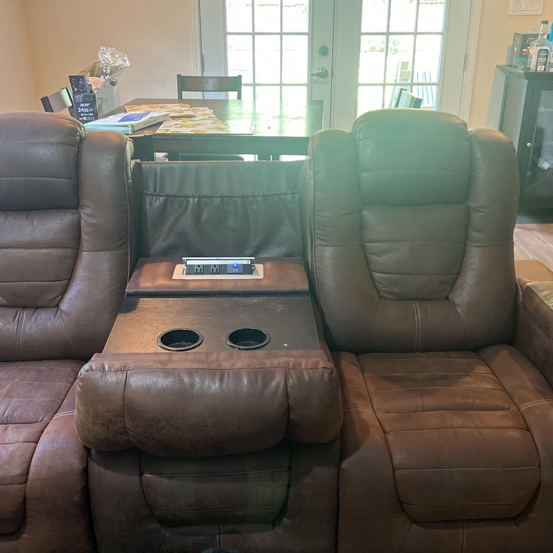 Ashley Leather Brown Reclining Sofa with Dropdown Tray