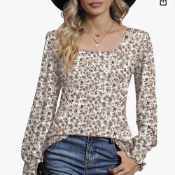 LUYAA Womens Fall Tops 2023 Square Neck Puff Sleeve Tunic Blouse Long Sleeve Loose T Shirts