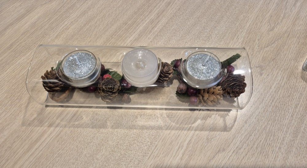Decorative Candle Holder With Pinecones & Berries