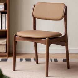 Black Walnut Soild Wood Dining Kitchen Chair, Modern Leather Upholstered Kitchen Chair with Curved Backrest, No Assembly Required for Dining Room, Liv