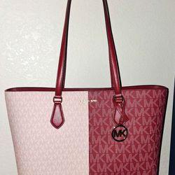 Michael Kors Sheila Large Two-Tone Signature Logo Tote Bag in Cherry