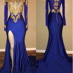Blue Sheer Sequin Prom Dress 