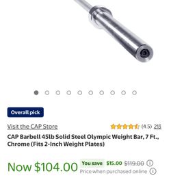 CAP Barbell 45lb Solid Steel Olympic Weight Bar, 7 Ft., Chrome Fits 2-Inch Weight Plates. With pads
