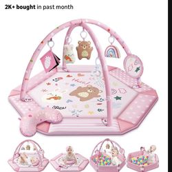 Baby Gym Play Mat, 8-in-1 Tummy Time Mat & Ball Pit with 6 Toys, Washable Baby Activity Mat for Visual, Hearing, Sensory, Motor Development,