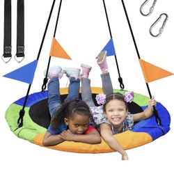 PACEARTH 40 Inch Saucer Tree Swing Flying 660lb Weight Capacity 2 Added Hanging Straps Adjustable Multi-Strand Ropes Colorful Safe and Durable Swing S