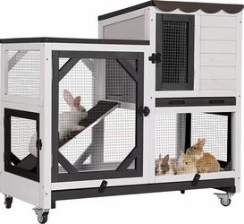 MEDEHOO Rabbit Cage Indoor Outdoor Bunny Hutch on Wheels, 2 Story Wood Guinea Pig Cages with 2 Deeper Pull Out Trays