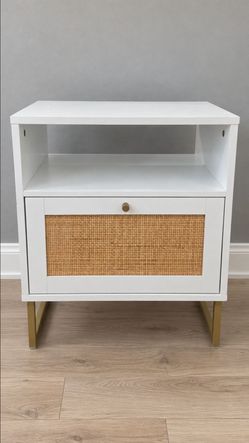 White Rattan Nightstand with Gold Legs