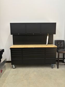 BRAND NEW Shop Sunvasagoo 72 in. Black Steel Mobile Workbench Cabinet with Wheels, 15 Drawers, 3 Top Storage Cabinets, Rubber Wood Top, Key Lock