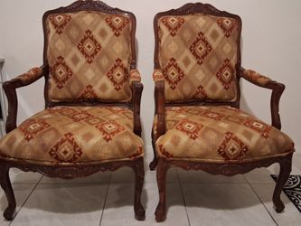 Pair of Vintage-Style Carved Wood Upholstered Armchairs – $175 for Both