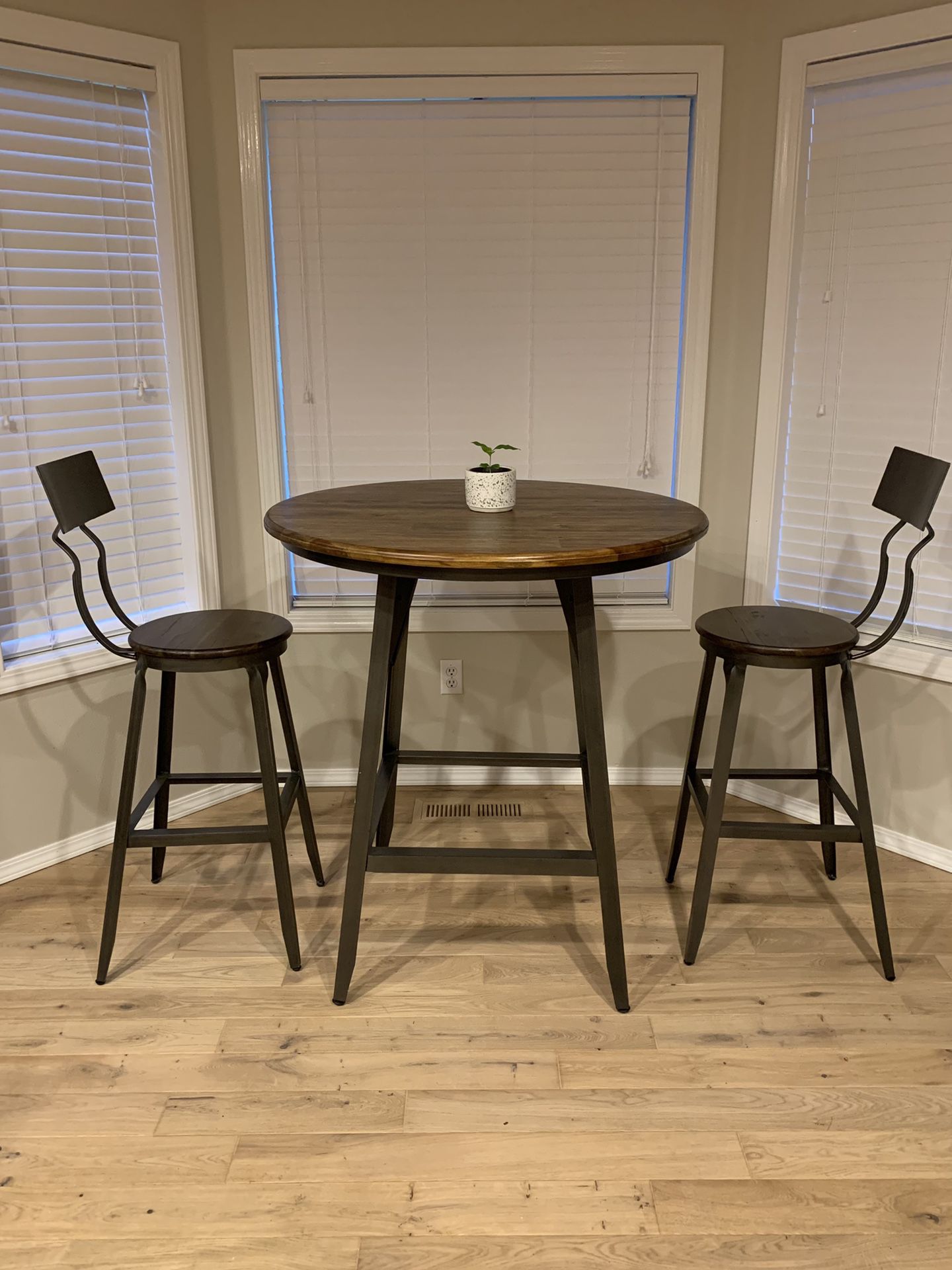 Beautiful solid wood pub dining table with two barstools - modern, industrial, farmhouse chic