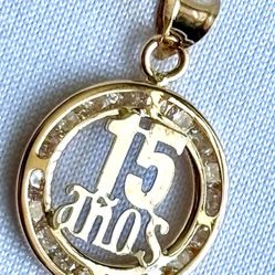 14K Solid Gold 15 aňos pendant , Clear Cubic Zirconia Pendant