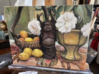 Studio Sale!!! 16”x20” Oil Painting Still Life w/ Hotei/flowers