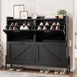 Shoe Cabinet with 4 Flip-Down Drawers, Farmhouse Storage Organizer with Adjustable Shelf, Narrow Freestanding Rack for Entryway, Hallway or Living Roo