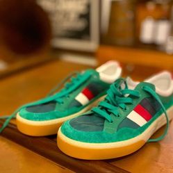 GUCCI GREEN NYLON AND SUEDE SNEAKERS SZ 8