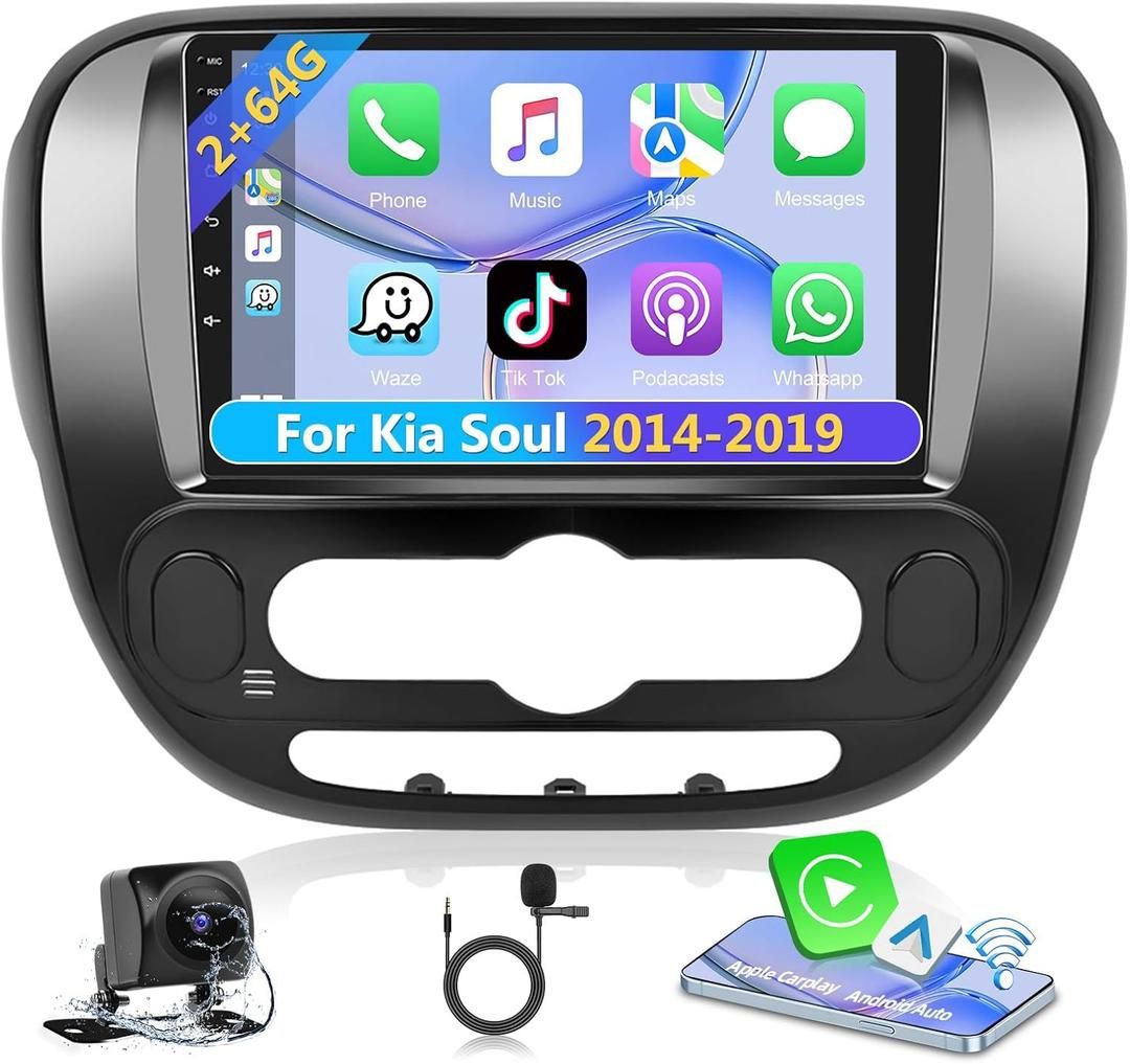 Podofo 2+64G Car Stereo Radio for Kia Soul 2014 2015 2016 2017 2018 2019 with CarPlay Android Auto 9" Touch Screen Audio with GPS Navigation Bluetooth