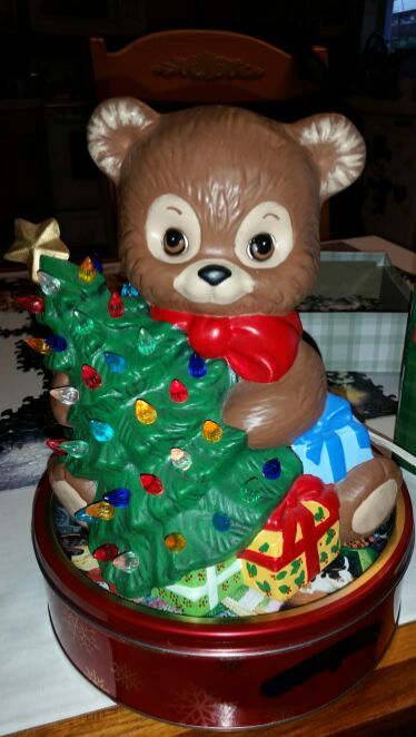 Vintage Lighted Ceramic Teddy Bear Christmas Tree With Lights