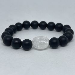 Natural Charged Crystal Quartz & Onyx Bracelet (known :Protection,Remove Negativity,Calm Emotions,healer,reduce Stress)