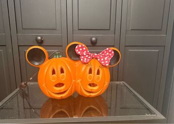 Vintage Mickey & Minnie Mouse Halloween Blow Mold Plastic Jack O Lantern Pumpkin