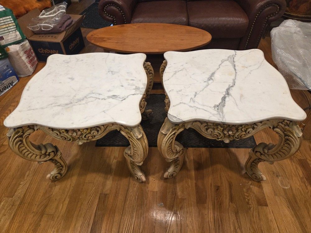 2 vintage marble top coffee end tables floral antique furniture