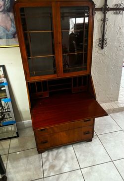 VINTAGE ART DECO TALL SECRETARY DESK WITH BOOKCASE & KEY- Solid Wood