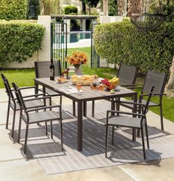 Patio Dining Set 7 Pieces Outdoor Furniture with Large Table and 6 Textilene Chairs for Porch, Poolside, Yard and Garden, Light Grey