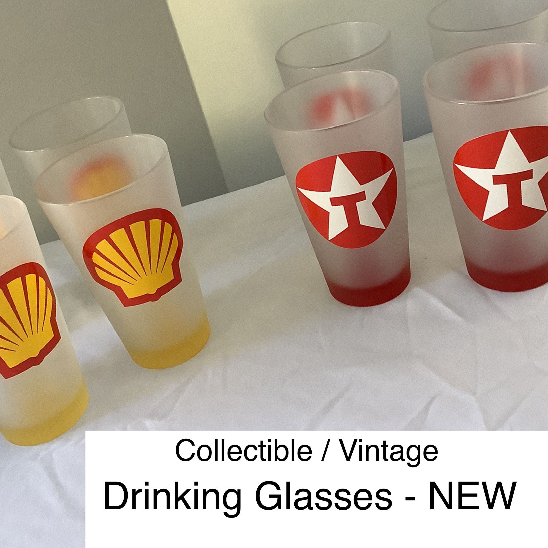 Two Sets Of 4 - Vintage Glassware With Shell Oil / Texaco Logos - Never Used! *Glass, not Plastic.