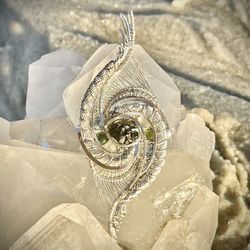 Argentium Silver Moldavite meteorite handmade Fibonacci spiral wirewrap unique crystal wire wrap necklace geometric pendant with gemstones.