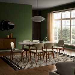 Set of 6 - Kelsey Walnut Stained Dining Chairs w/ Beige Linen by Castlery [NEW] **Retails for $1200 <<Assembly Req>>  [CHAIRS ONLY / TABLE NOT INCL]