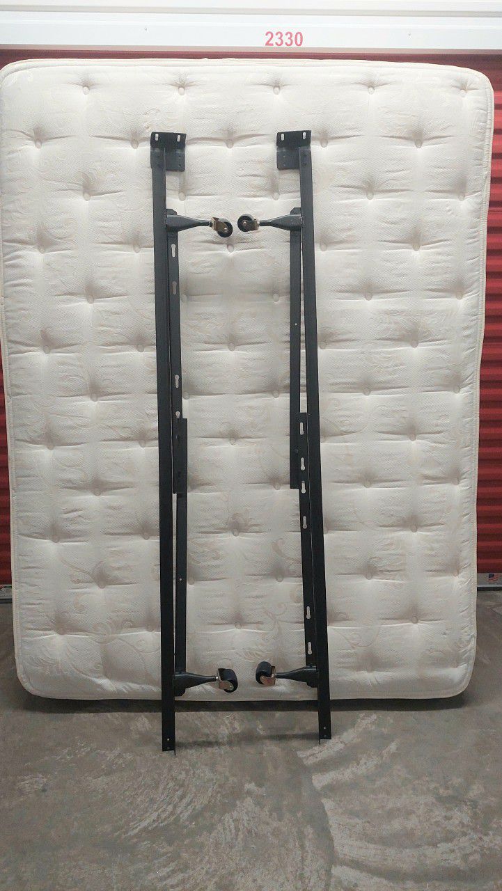 QUEEN EUROTOP MATTRESS, BOX SPRINGS AND HEAVY DUTY BED RAILS 