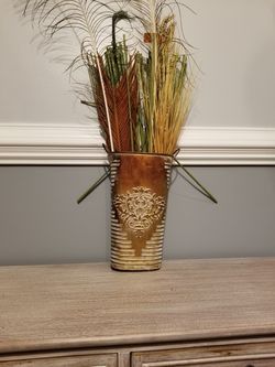 Vase; brown and creme; metal; flowers not included-$4