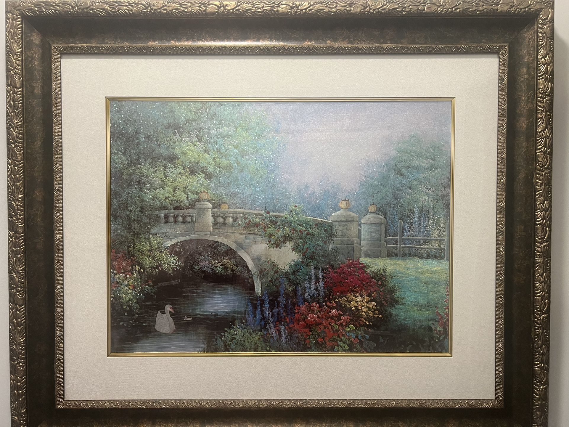 Antique Gold Frame Featuring Vibrant Swan Swimming Under Bridge 30” H X 36” L
