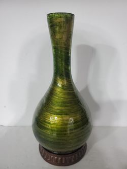 Decorative Green Swirl Glass And Bronze Bottle Vase