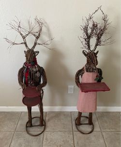 Pair of Large 4.5ft Vintage Woven Grapevine Reindeer Holiday Servers with Trays