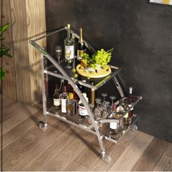 Brand New In The Box- Bar Cart, 2-Tier Chrome & Glass Serving Cart with Wheels, Modern Home Bar Serving Cart for Kitchen, Living Room, Dining Room wit