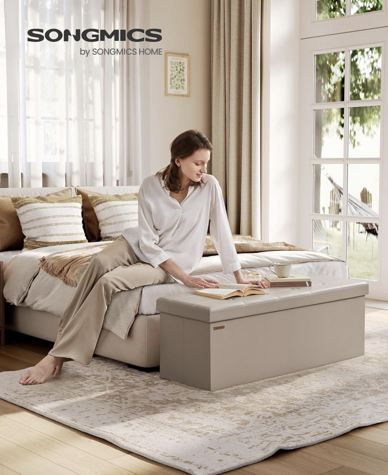 SONGMICS Mazie Collection - 43 Inches Folding Storage Ottoman Bench, Ottoman with Storage, Foot Rest Stool, Load 660 lb, for Living Room, Synthetic Le