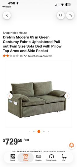 Green Corduroy Sofa Bed/ Couch. Like New 65”