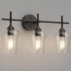 Ralbay 3-Light Industrial Bathroom Vanity Light, Matte Black with Clear Glass Shades