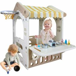 41.3" x 31.4" x 29" Kids Cottage Playhouse, Indoor/Outdoor Toddler Playhouse with Working Doors