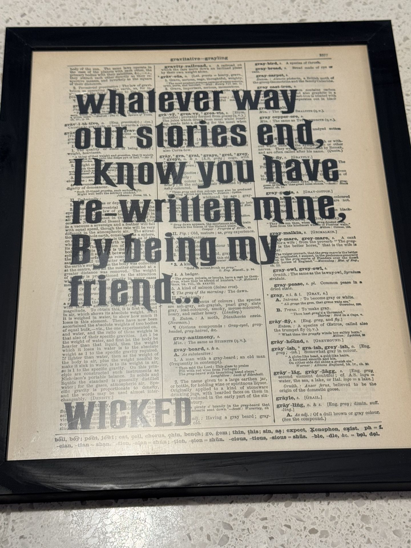 Wicked Musical Quote Print: Antique Dictionary Page Art 9x11 Framed “re-written mine”