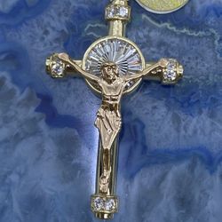 $850 Two Tone Yellow And Rose Gold W Zirconia Crucifix Cross Religious Charm Pendant