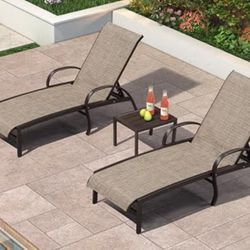 New Outdoor Chaise Lounge Chair Set of 3 Patio Pool Lounger Aluminum Chairs with Side Table Adjustable Tanning Recliner for Outside Yard Deck 