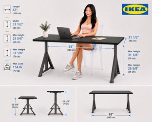 IKEA IDÅSEN Tabletop, black, 63" x 31.5" with IDÅSEN Sit/ stand underframe, dark gray (Free delivery)