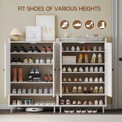 B647 $90  Shoe Storage Cabinet with Cross Molding Doors, 6-Tier Farmhouse Shoe Cabinet with 3 Adjustable Shelves and Metal Legs, 45'' Tall Shoes Rack 