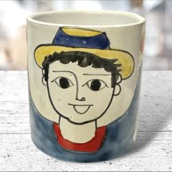 HTF Folk Art Nino Parrucca Italy Handpainted Coffee Cup Boy With Hat & Orange