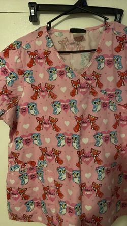 Pink Printed Scrub Top with Fox and Owl Pattern