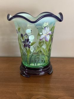 Fenton Purple Hand painted Flip Vase And Base Irises Designer Showcase Series 